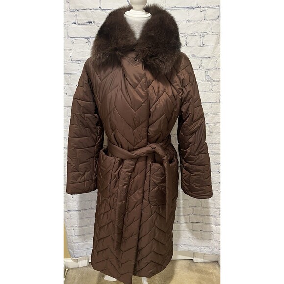 Monica Milano Brown Quilted knee-length, belted puffer coat with a fur collar 4 - Picture 1 of 12